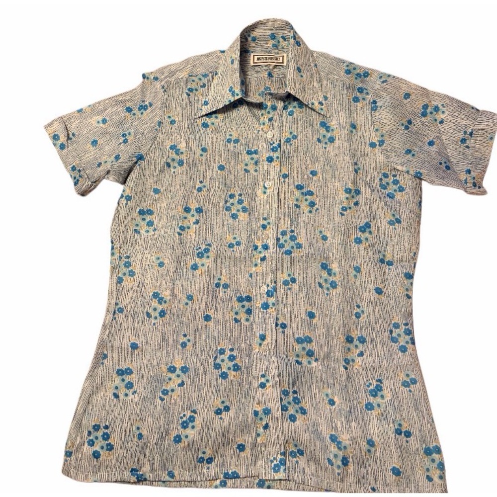 70s‎ floral dagger collar short sleeve shirt blue